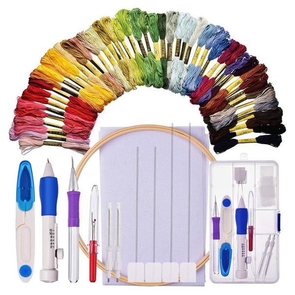 

embroidery starter kit cross stitching sewing kit includes embroidery stitching punch needle set bamboo hoop 50 color, Black