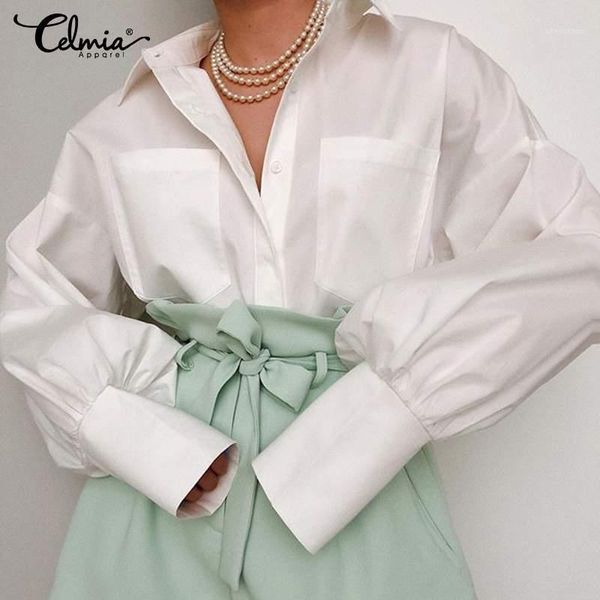 

women's blouses & shirts celmia 5xl women 2021 fashion elegant lantern sleeve party lapel casual loose solid color office plus size 71, White