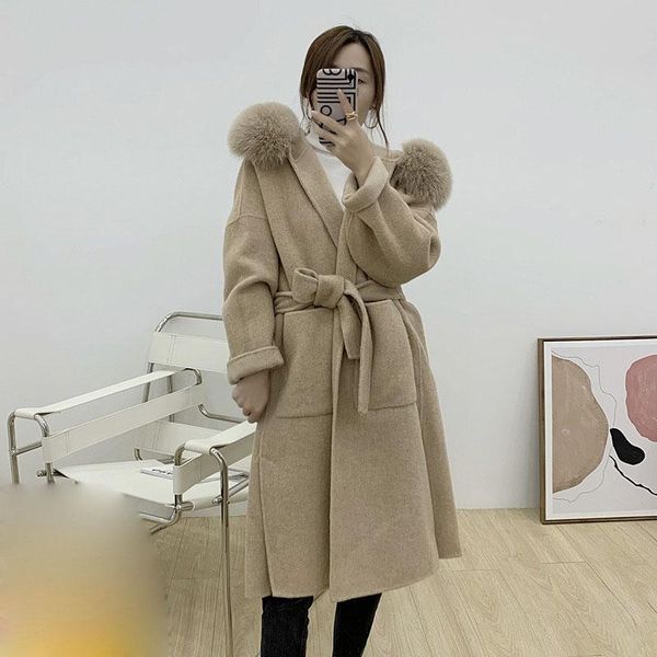 

2020 women winter long wool coat with real fur hood trim female outwear jacket warm elegant long wool jacket with, Black