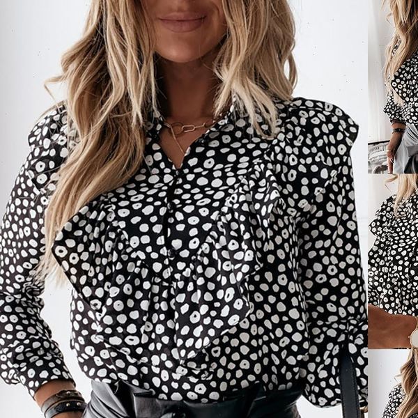 

women new fashion elegant v neck ruffle dot print long sleeve blouse office pullover shirt office blouse slim casual s 3xl, White