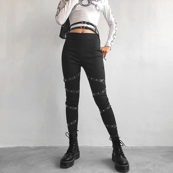 

women ribbon with rivet patchwork leggins push up black gothic leggings mujer streetwear high waist punk legging pants