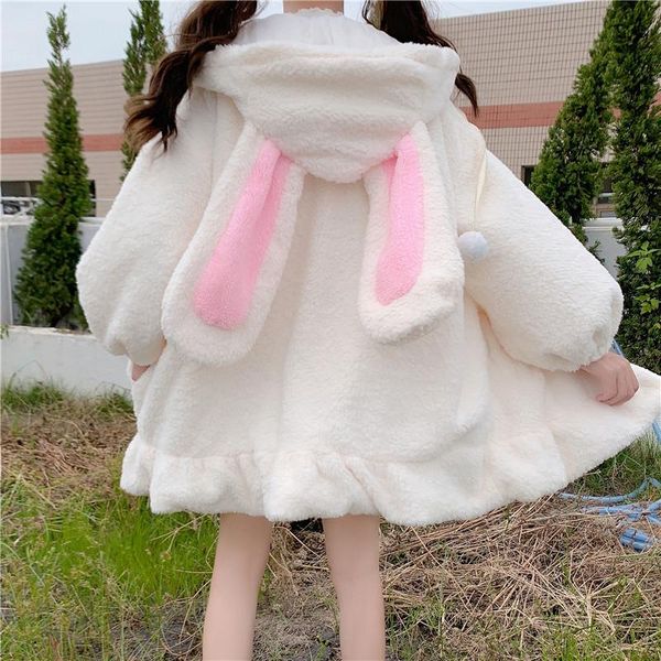 

cute ears faux fur teddy coat women winter lolita kawaii plush hooded jacket female warm white fluffy overcoat outerwear, Tan;black