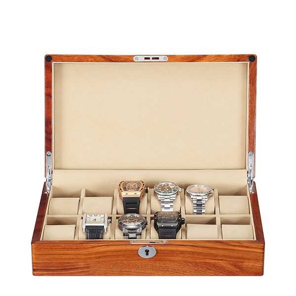 

12 slots display coffee wood storage boxes case with lock new wooden watch gift jewelry box