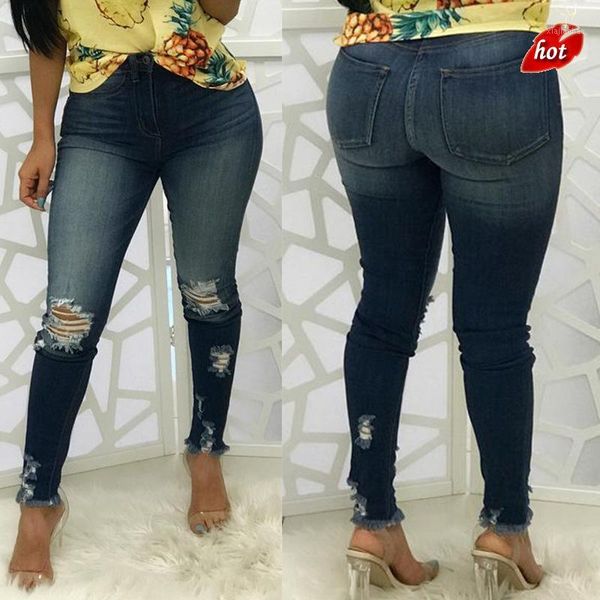 

women denim pants holes destroyed knee pencil casual skinny pencil pants women jeans hole high waist jeans elastic plus size o8r1, Blue