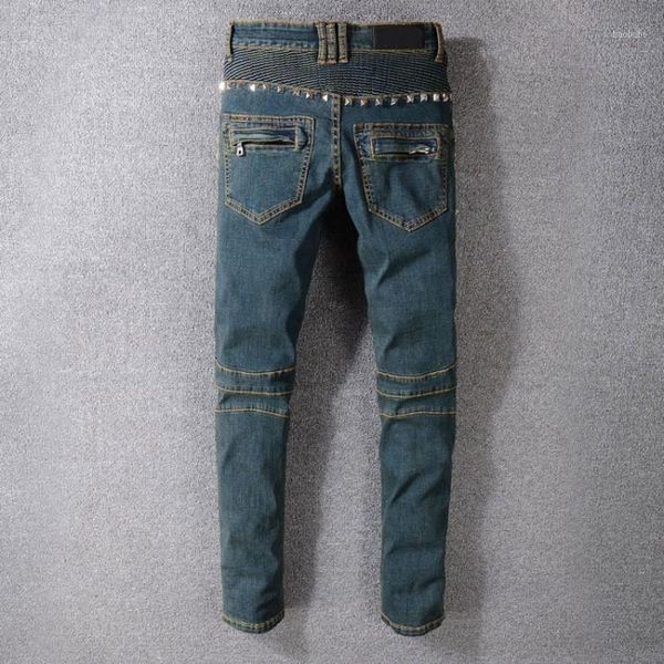 

vintage washed mens biker jeans punk style studded slim fit pleated pencil pants rivet motorcycle denim pants big size trousers1, Blue