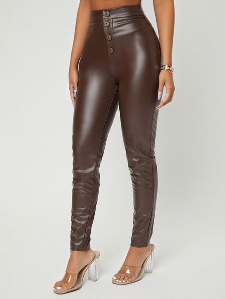 

sxy high waist button front pu leather skinny pants 93j4#, Black;white