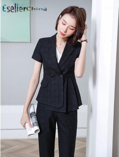 

2020 summer short sleeve ladies office formal business suits pantsuits with pants and jackets coat styles women blazers set1, White;black
