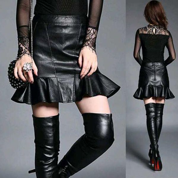 

spring customized faux leather female fishtail mini a line skirt slim flounced ruffles trumpet mermaid high waist pleated skirts, Black