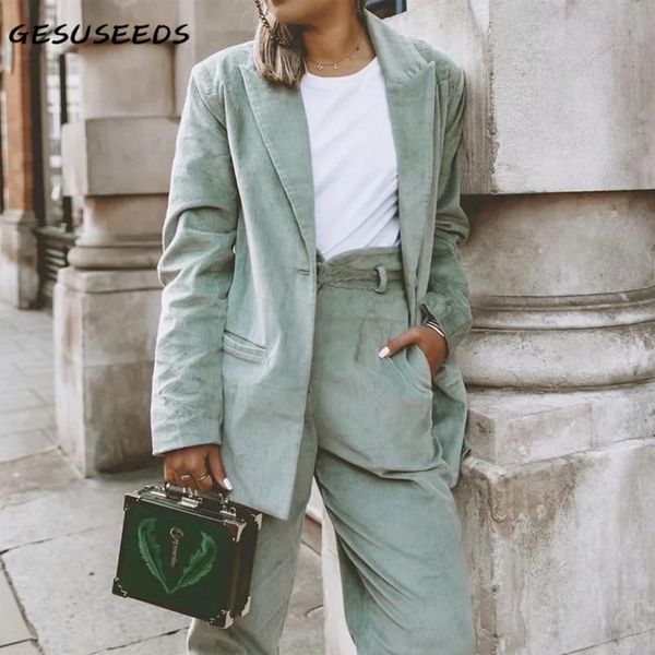

vintage blazer women autumn jacket notched single button blazer loose two piece set women set lady corduroy pants green, White