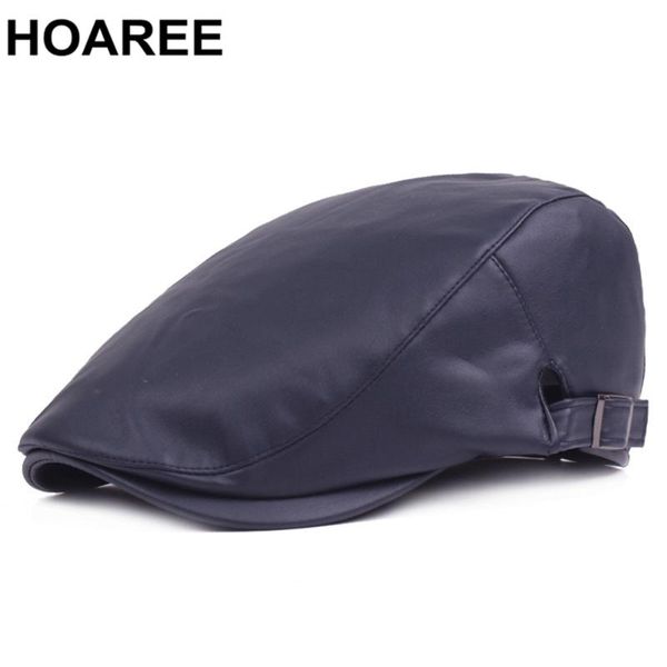 

berets hoaree winter hat pu leather dark blue mens beret retro casual warm autumn male solid 2021 adjustable flat cap, Blue;gray