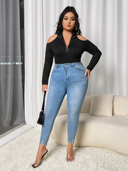 

plus half zipper cold shoulder bodysuit h7op#, Black