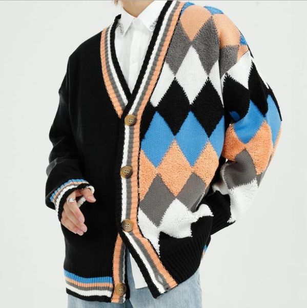 

men's sweaters men rhombus color matching sweater 2021 casual loose cardigan coat male streetwear fashion knit jacket outerwear w12791, White;black