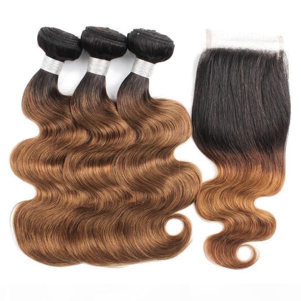 

ombre brown hair bundles with closure 1b 30 dark roots peruvian body wave hair 3 bundles with 4x4 lace closure remy hair extensions, Black;brown