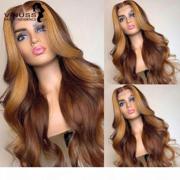 

highlight 4# 27# honey blonde ombre human hair 13x6 lace front wigs pre plucked hairline malaysian hair bleached knots for women, Black;brown