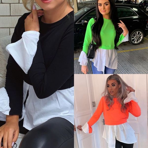 

uoeqv экипажа с длинным рукавом 2019 шт лоскутное из двух частей с пит полосой 2019 длинным рукавом шеи экипажа заплатки полосы шеи с пит фу, White