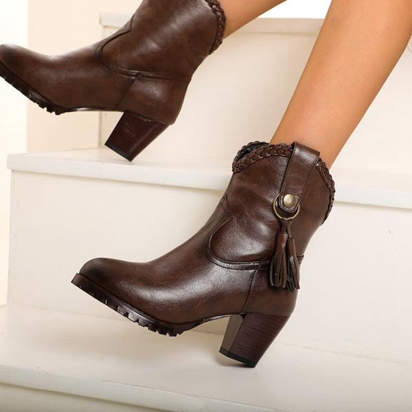 

ankle boots for women round toe fashion plush warm winter short boots square heels comfortable womens plus size 48 020-3, Black