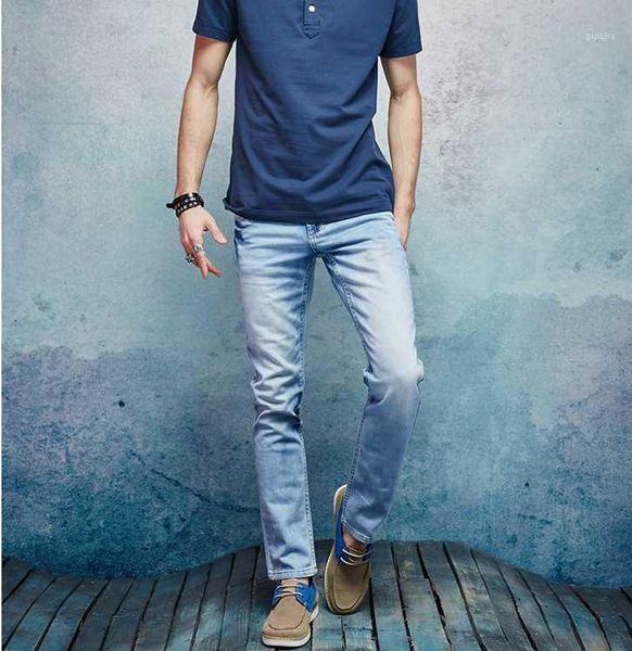 

commercial 2020 autumn comfortable straight jeans male the gentle fashion mid waist slim trousers1, Blue