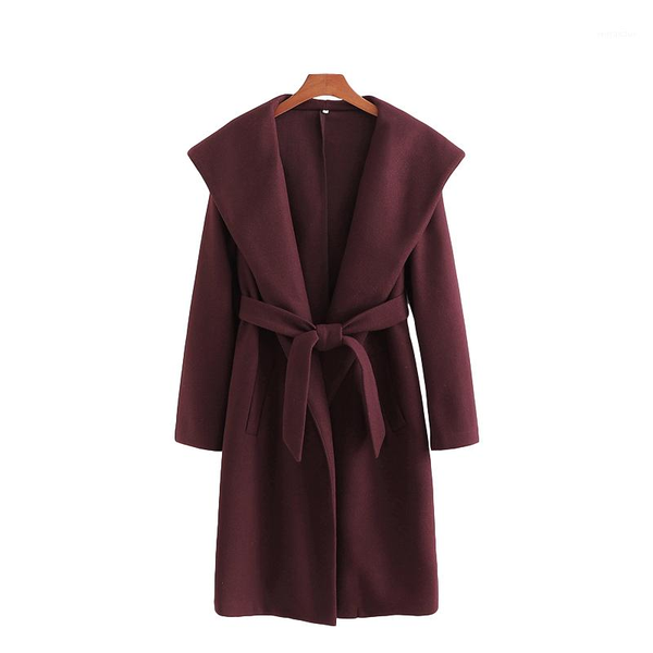 

elegant women woolen overcoat 2021 fashion ladies claret hooded outercoat streetwear female turn down collar coat chic girl coat1, Black
