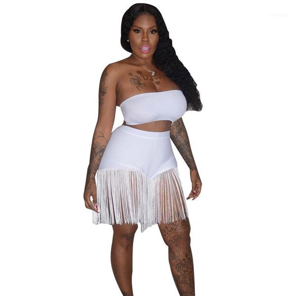 

solid white strapless mini short and shorts set tassel slim two piece clothing women sleeveless bodycon pant sets ec6151