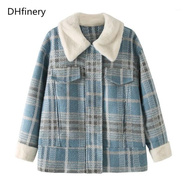 

dhfinery women blue and white plaid wool coat for bust 115-139cm winter lapel loose vintage woolen coat plus size -5xl b20031, Black