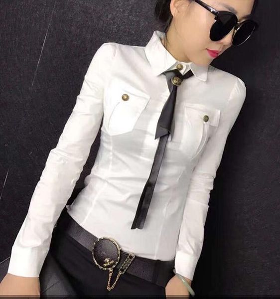 

2019 autumn half sleeve turn down collar white cotton shirts women european style long sleeve neck tie cotton blouses