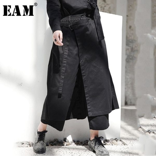 

[eam] new spring high elastic waist black loose vent loose long wide leg pants trousers women fashion tide ji084 201228, Black;white