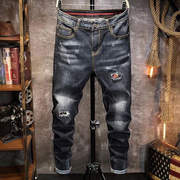 

men's jeans 2021 summer patch hole slim-fit small feet tide brand youth stretch denim trousers male business casual pants, Blue