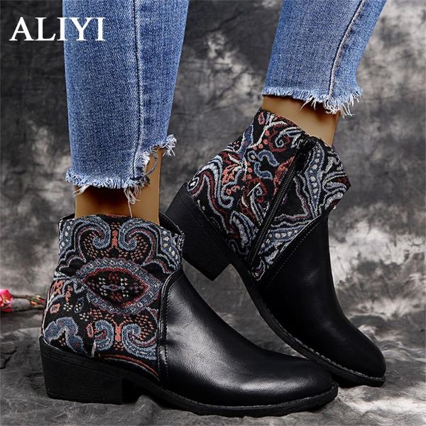 

aliyi women ankle boots ladies slip on faux leather embroider fashion shoes british style female pointed toe casual short boots, Black