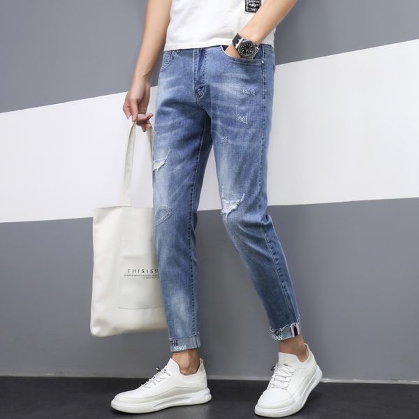 

summer new men's korean style fashion men's jeans slim jeans and jeanstrousers and jeansstretch hole ankle-length pants rff8r, Blue