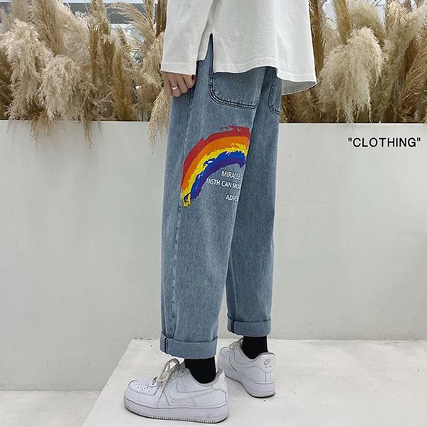 

men's jeans 2021 rainbow print baggy men 2xl plus size streetwear hip hop straight leg pants harajuku graffiti blue homme
