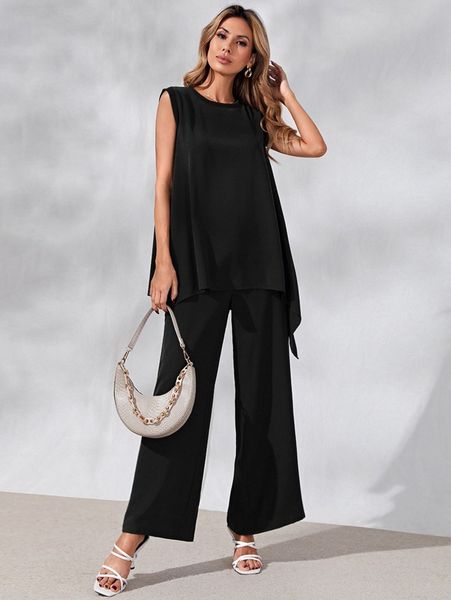 

solid asymmetrical hem sleeveless and wide leg pants k08d#, White