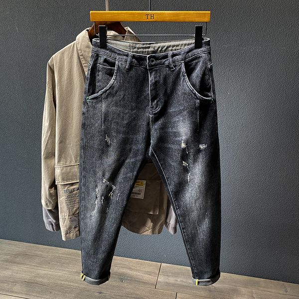 

2y trendy fashion elastic jeans spring and autumn boys fashion brand slim black grey perforated micro ham pants, Blue