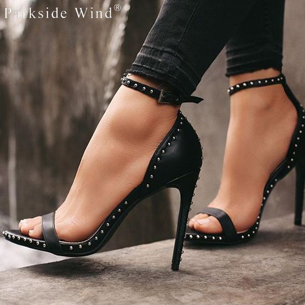

parkside wind pu leather women sandals buckle strap bordered rivet high heels fashion summer party female shoes xwc1845-40 y200702, Black
