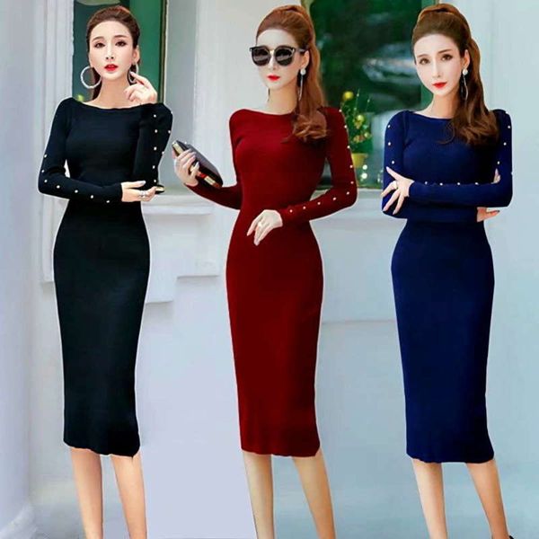 

new winter 2020 autumn sleeve / metal willow nail buttock slim fit medium length knitted bottom dress for women, Black;gray