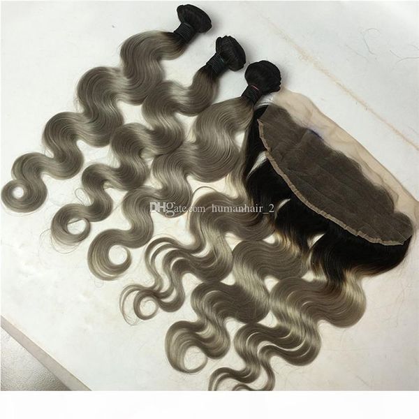 

body wave grey ombre with lace frontal brazilian virgin human hair 3 bundles with lace frontal 4pcs lot, Black;brown