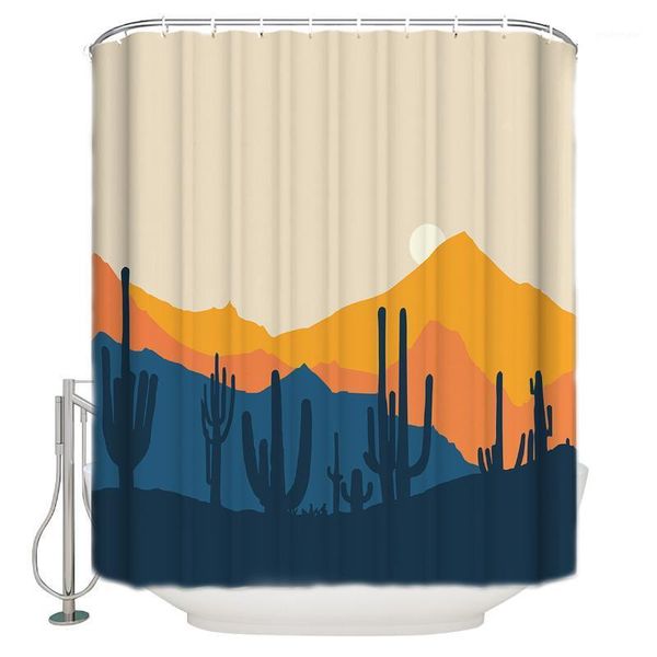 

cartoon yellow mountains cactus desert sunset shower curtain waterproof and mildewproof polyester fabric bath curtain design1