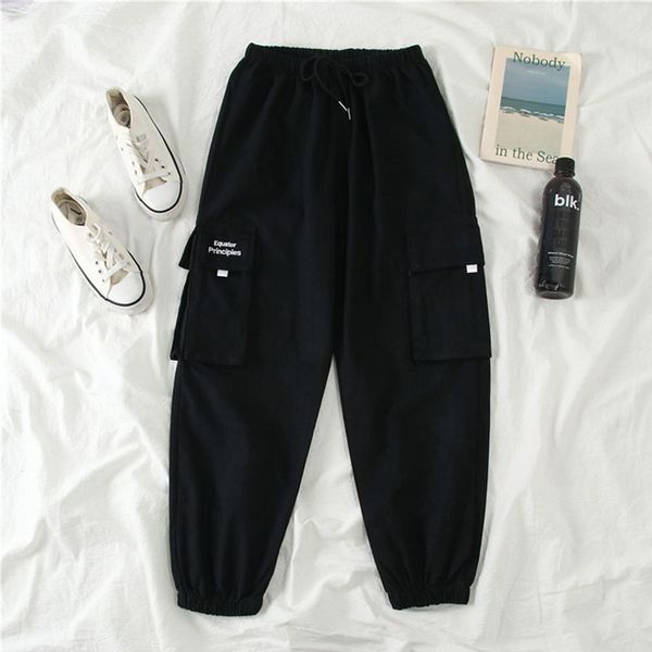 

autumn high waist streetwear cargo pants female harajuku loose joggers women 2 piece suit harem camo pants 201113, Black;white