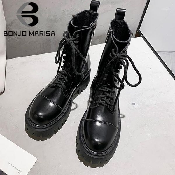 

boots bonjomarisa female fashion design lace up mid calf platform punk motocycle women solid shoes woman1, Black