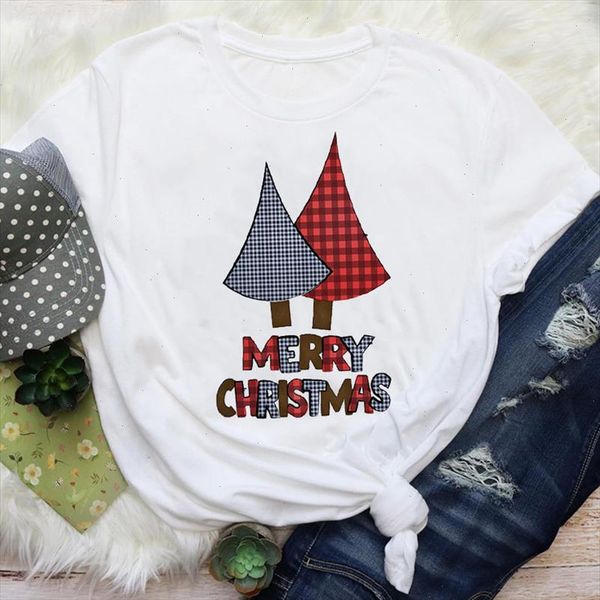 

women tree plaid cute winter new year 90s style merry christmas graphic tees clothes print lady female t shirt t shirt, White