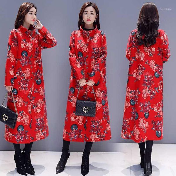 

cotton linen trench coat autumn winter national wind outwear women's printing thickened long loose large size windbreaker z2181, Tan;black