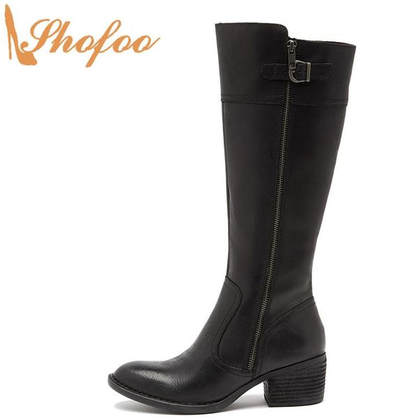 

black med chunky heels knee long riding boots women almond toe zipper large size 14 16 ladies winter fashion mature shoes shofoo
