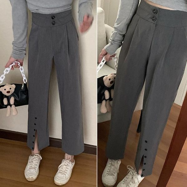 

women's high-waisted slim-fit slacks buttoned trousers with open ed at the bottom of the pants gray1, Black;white