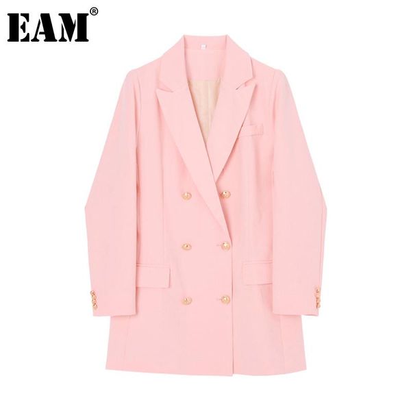 

eam] women double breasted temperament blazer new lapel long sleeve loose fit jacket fashion tide spring autumn 2020 1z135, White;black
