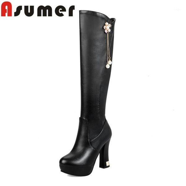 

boots asumer 2021 flower high heels quality pu winter round toe over the knee1, Black