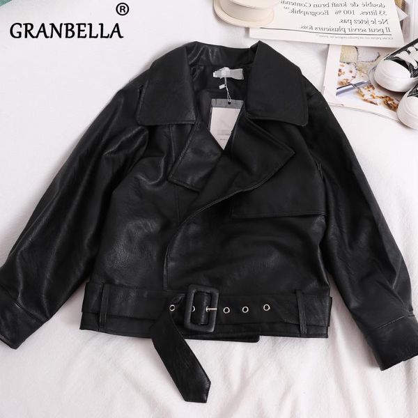 

versatile slimming short turndown collar elegant ladies women's leather jacket long sleeve gorgeous fashion female biker jacket, Black
