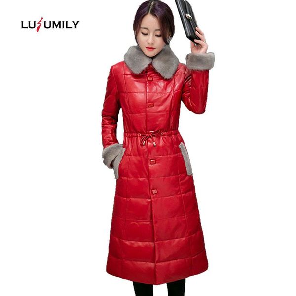 

lusumily luxury elegant women winter removable collar leather jacket long coat female slim jackets outerwear lady coats, Black