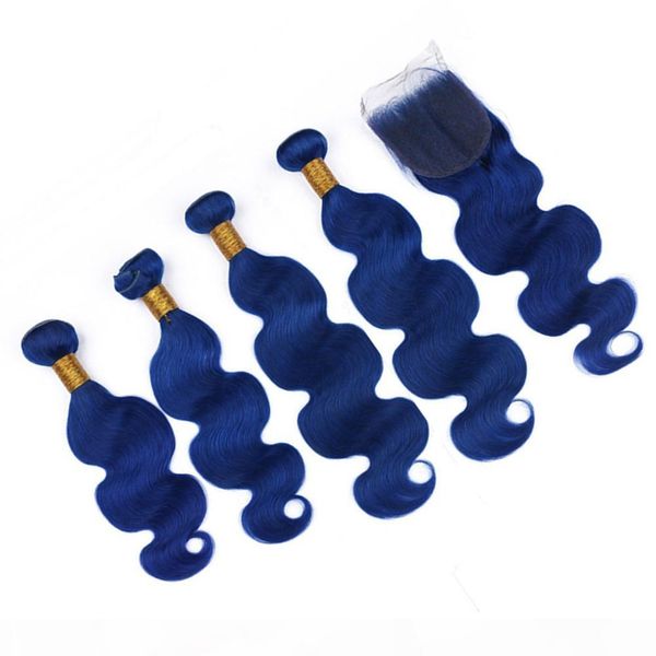 

peruvian dark blue body wave human hair 4bundles and closure colored blue wavy virgin hair weaves wefts with 4x4 front lace closure, Black;brown