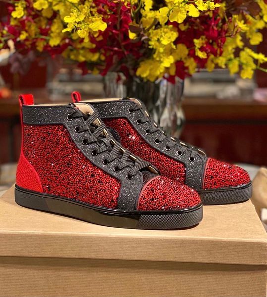 

original box] brands designer high-strass casual shoes men's red bottom sneaker women red sole rhinestone trainers dress,party,wedding, Black