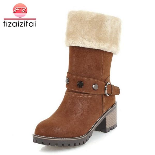

coolcept size 34-43 women high heels boots rivets thick fur winter woman shoes thick heels warm fashion ladies mid calf boots, Black