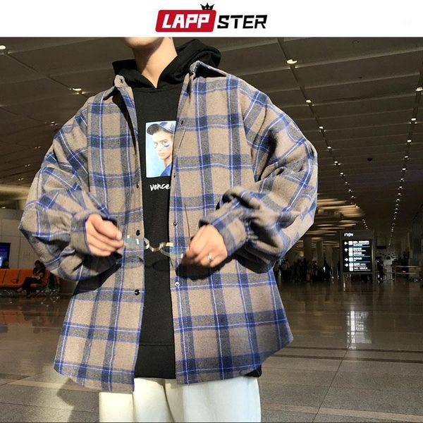 

lappster men harajuku color block plaid shirt 2020 mens streetwear thick shirts long sleeve male vintage korean fashions clothes1, White;black